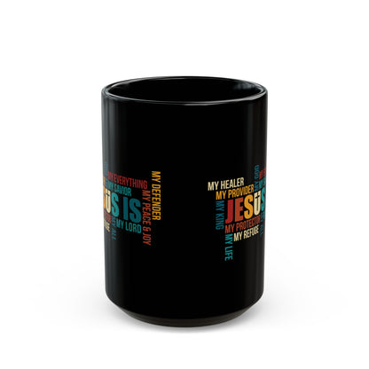 Jesus Is Word Cloud Black Mug – Colorful Christian Coffee Cup