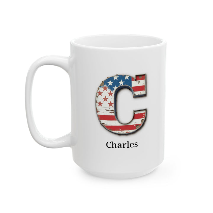 White Personalized USA Flag Initial Mug with Letter C and Charles Name Gift for Men, Veterans, Patriotic Coffee Lovers