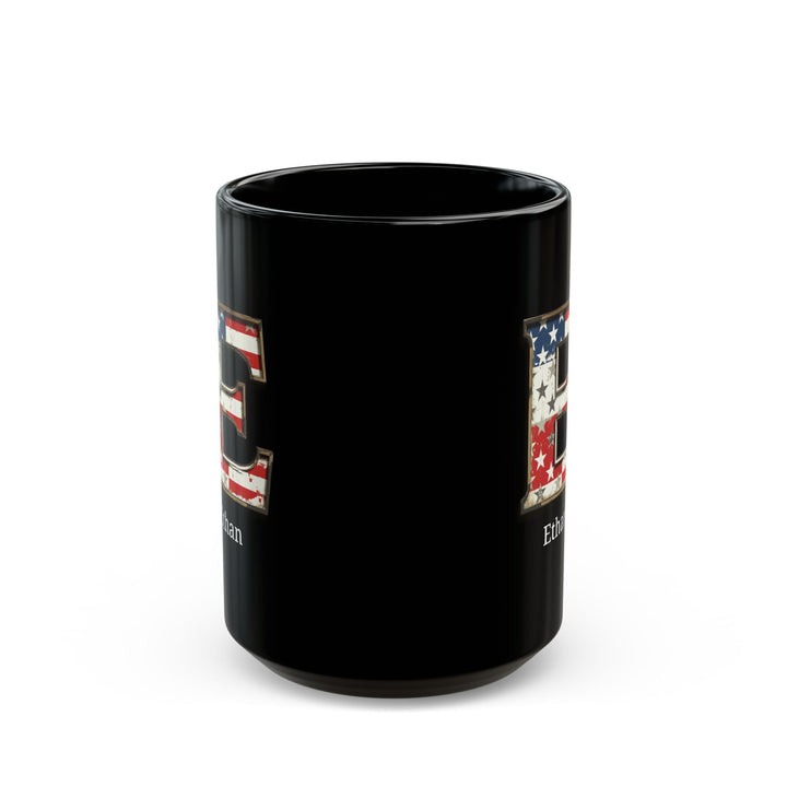 Black Personalized USA Flag Initial Mug with Letter E and Ethan Name Gift for Men, Veterans, Patriotic Coffee Lovers