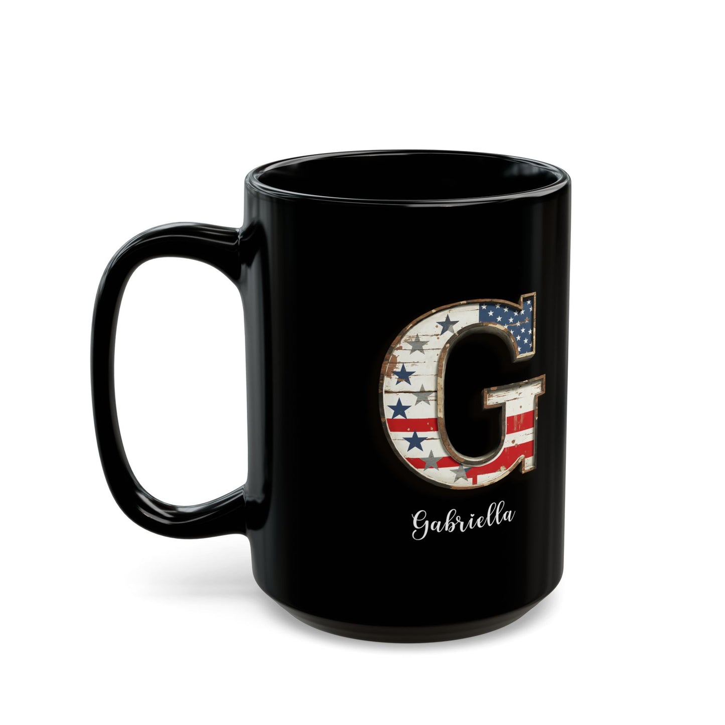 Mug - Patriotic American Flag Letter G with Kevin Name - Vintage Red, White, and Blue Design