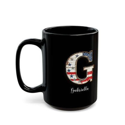 Mug - Patriotic American Flag Letter G with Kevin Name - Vintage Red, White, and Blue Design