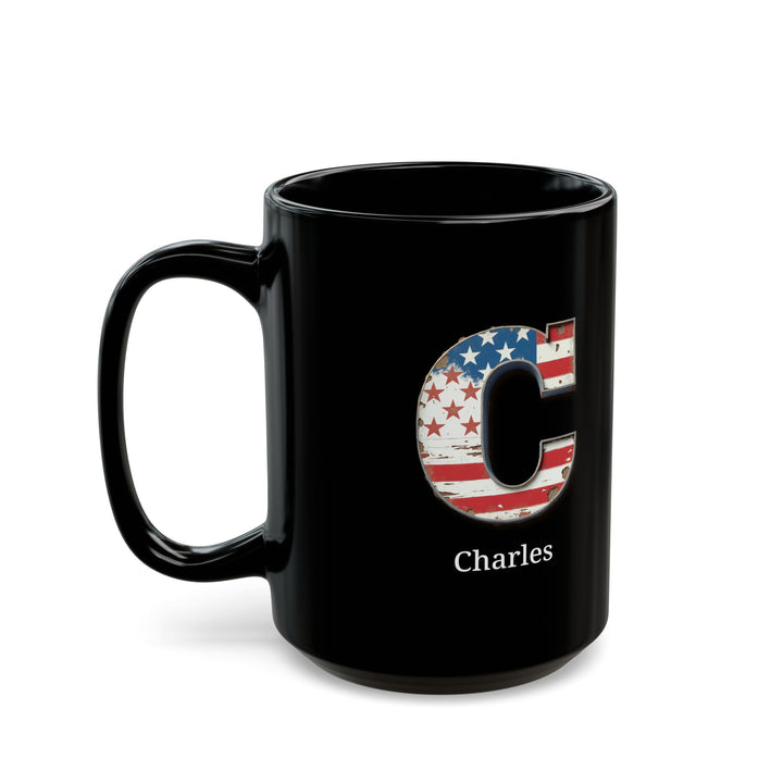 Black Personalized USA Flag Initial Mug with Letter C and Charles Name Gift for Men, Veterans, Patriotic Coffee Lovers