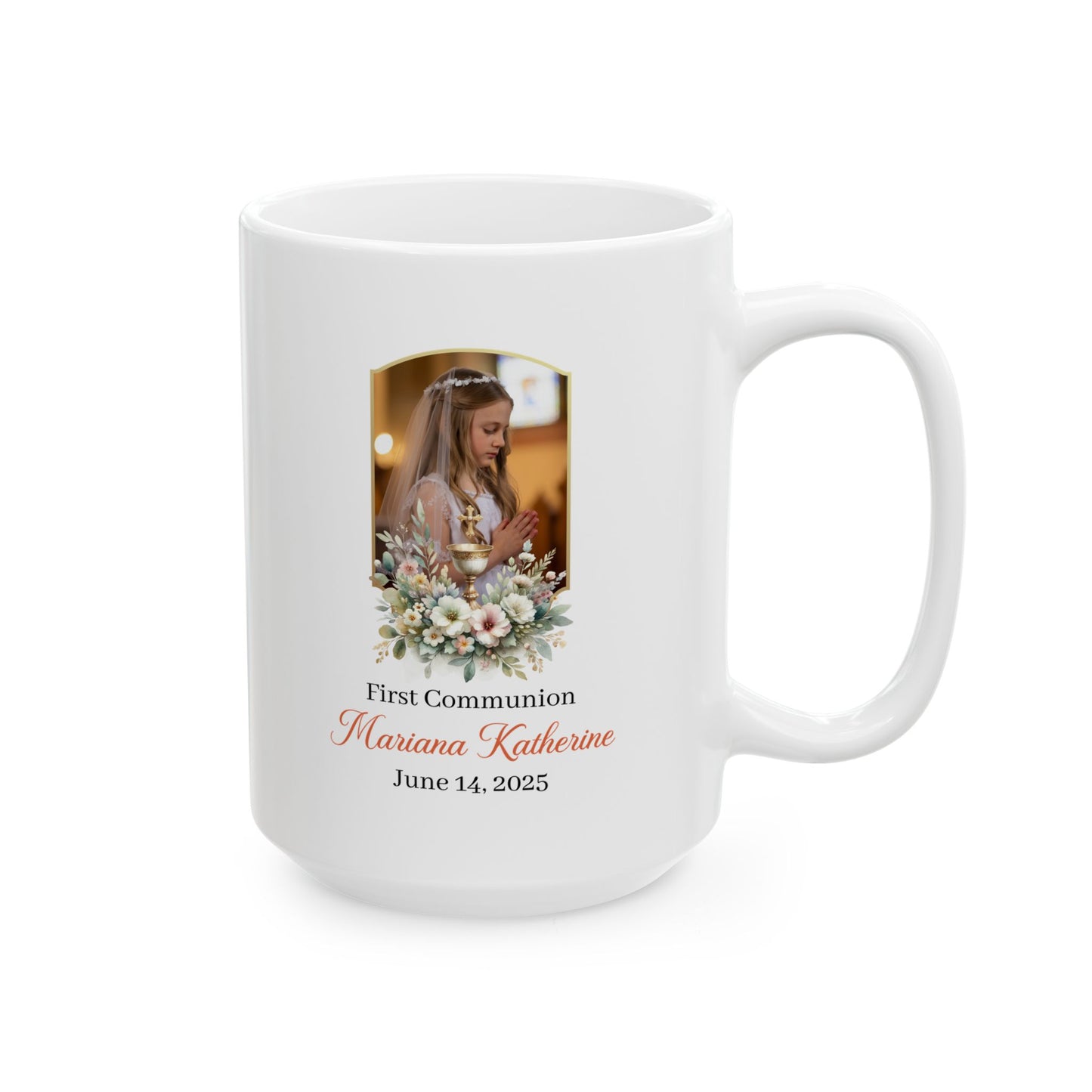 Custom First Communion Gift Mug for Girl – Personalized Keepsake with Name, Date & Photo – Floral Religious Gift for Catholic Celebration