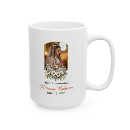 Custom First Communion Gift Mug for Girl – Personalized Keepsake with Name, Date & Photo – Floral Religious Gift for Catholic Celebration