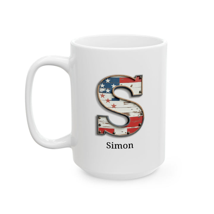 White American Flag Mug with Letter S and Name Simon Personalized Patriotic Coffee Cup Gift for Men Veterans or Proud Americans