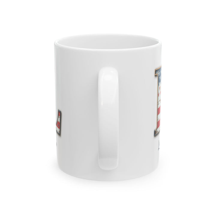 Mug - Patriotic American Flag Letter L with Kevin Name - Vintage Red, White, and Blue Design