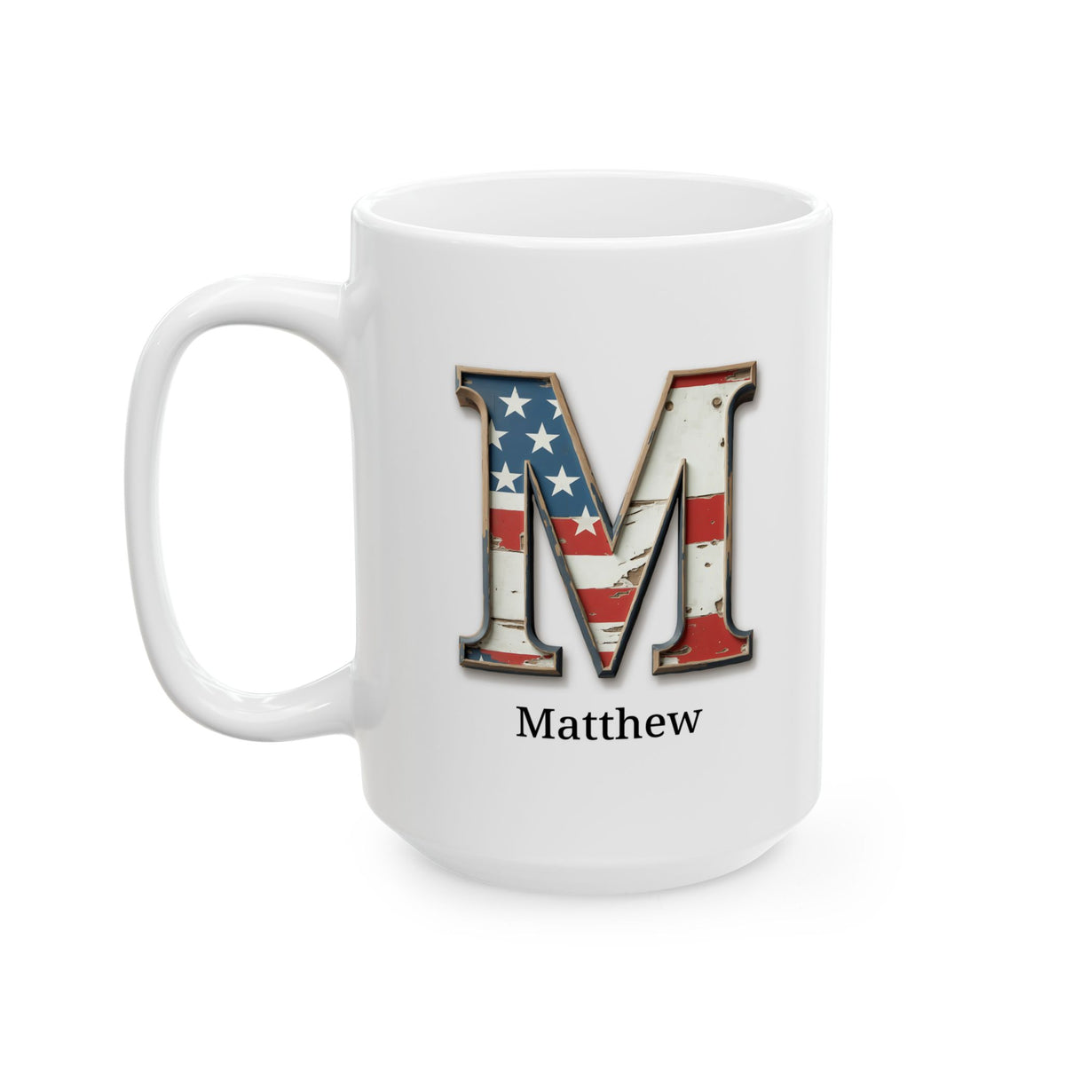 White American Flag Mug with Letter M and Name Matthew Personalized Patriotic Coffee Cup Gift for Veterans Military or Proud Americans