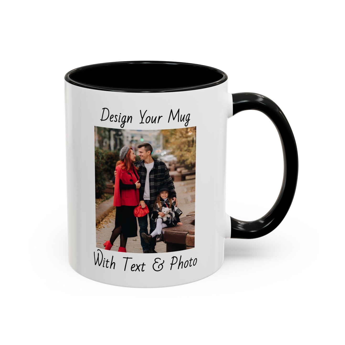 Family Fall Fashion - Mom, Dad, and Daughter in Stylish Outerwear Outdoors Mug