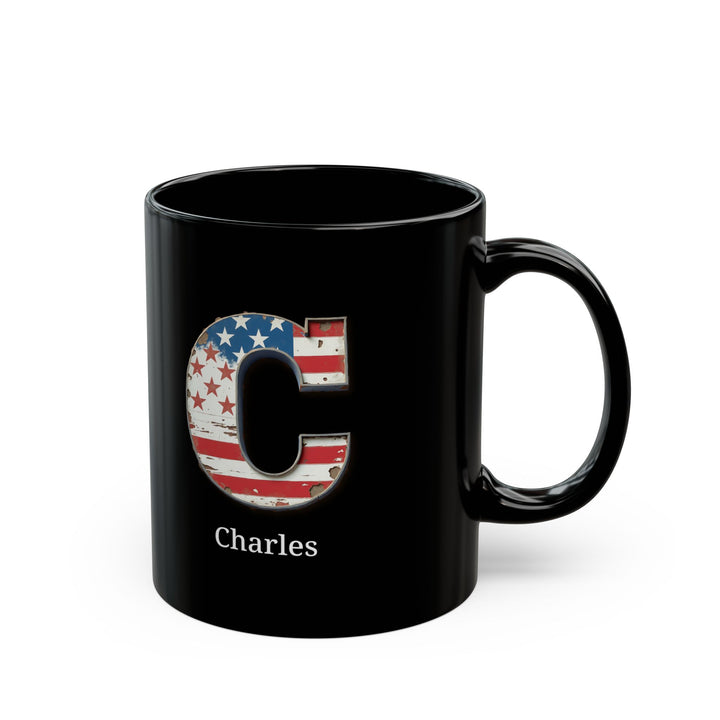 Black Personalized USA Flag Initial Mug with Letter C and Charles Name Gift for Men, Veterans, Patriotic Coffee Lovers