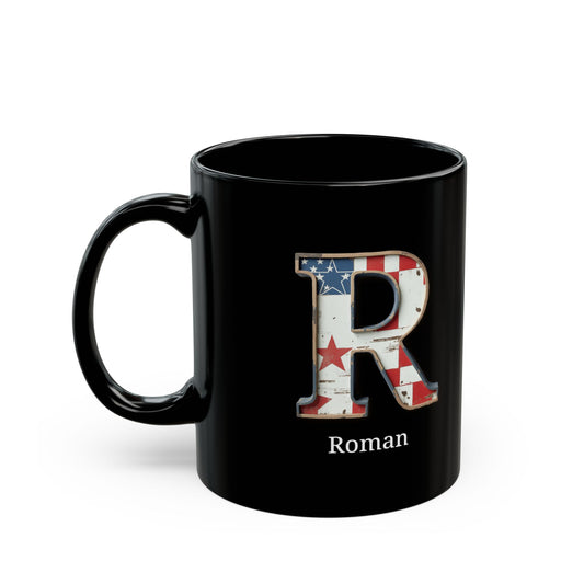 Black American Flag Mug with Letter R and Name Roman Personalized Patriotic Coffee Cup Gift for Men Veterans or Proud USA Supporters