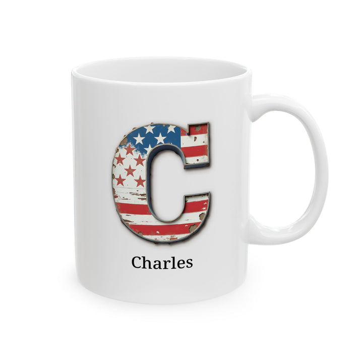 White Personalized USA Flag Initial Mug with Letter C and Charles Name Gift for Men, Veterans, Patriotic Coffee Lovers