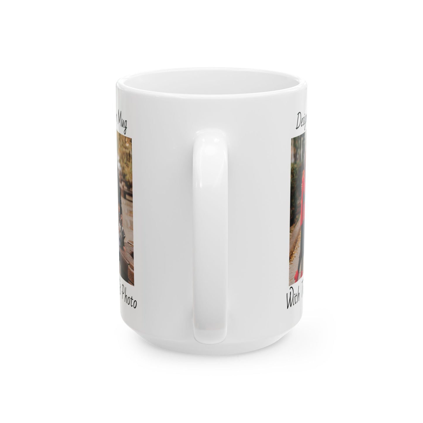 Family Fall Fashion - Mom, Dad, and Daughter in Stylish Outerwear Outdoors Mug