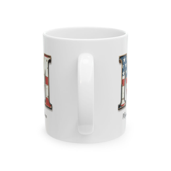 Mug - Patriotic American Flag Letter M with Kevin Name - Vintage Red, White, and Blue Design