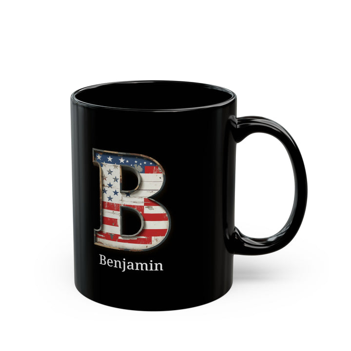Black Personalized USA Flag Initial Mug with Letter B and Benjamin Name Gift for Men, Veterans, Patriotic Coffee Lovers
