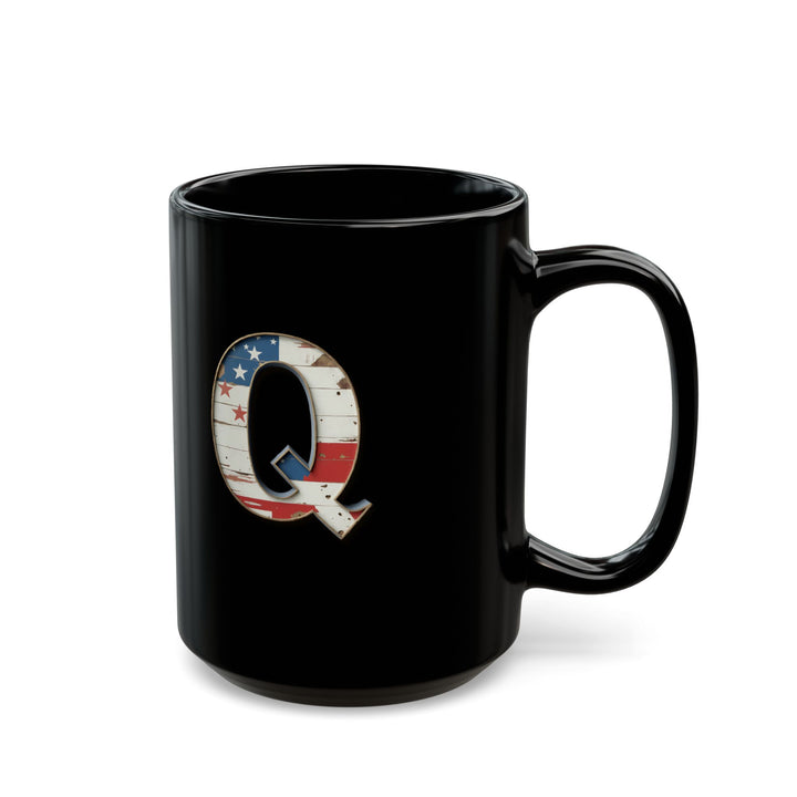 Mug - Patriotic American Flag Letter Q with Kevin Name - Vintage Red, White, and Blue Design