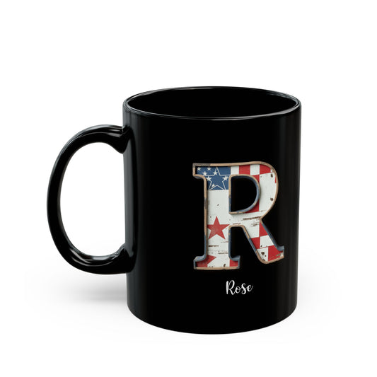 Mug - Patriotic American Flag Letter R with Kevin Name - Vintage Red, White, and Blue Design