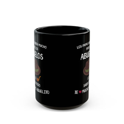 Los Abuelos Lo Saben Todo Mug – Black Ceramic with Heartfelt Spanish Message