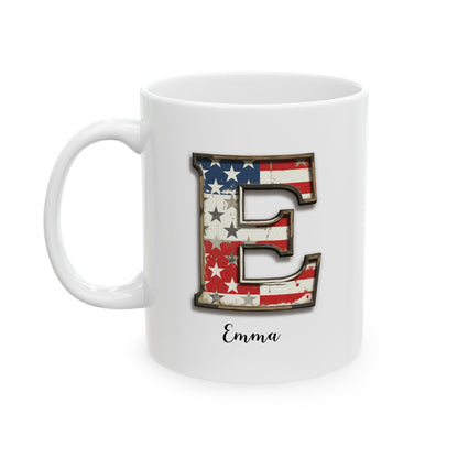 Mug - Patriotic American Flag Letter E with Kevin Name - Vintage Red, White, and Blue Design