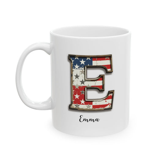 Mug - Patriotic American Flag Letter E with Kevin Name - Vintage Red, White, and Blue Design
