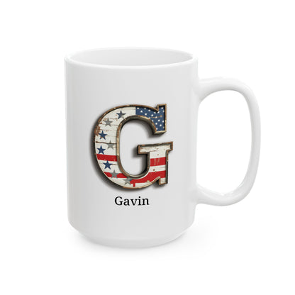 White Personalized USA Flag Initial Mug with Letter G and Gavin Name Gift for Men, Veterans, Patriotic Coffee Lovers