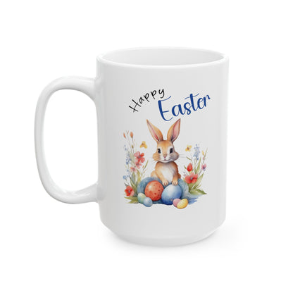 Happy Easter Mug – Cute Bunny with Colorful Eggs & Flowers