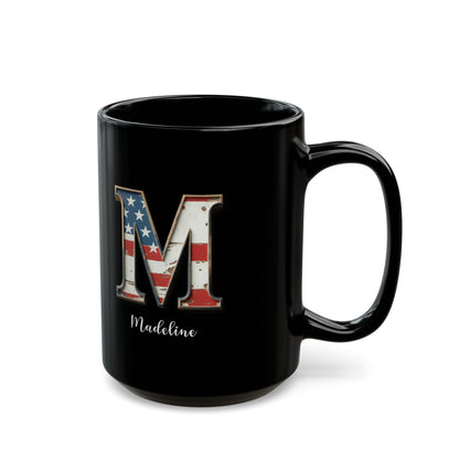 Mug - Patriotic American Flag Letter M with Kevin Name - Vintage Red, White, and Blue Design