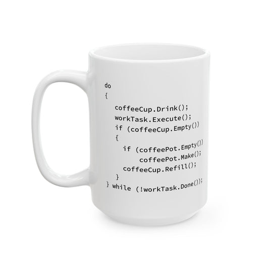 Programmer Coffee Mug – White Ceramic with Pseudo Code Print