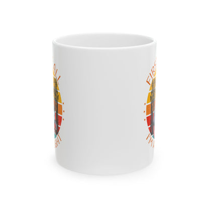 Funny Possum Mug – First of All I'm a Delight Cartoon Opossum Coffee Cup with Retro Sunset Design