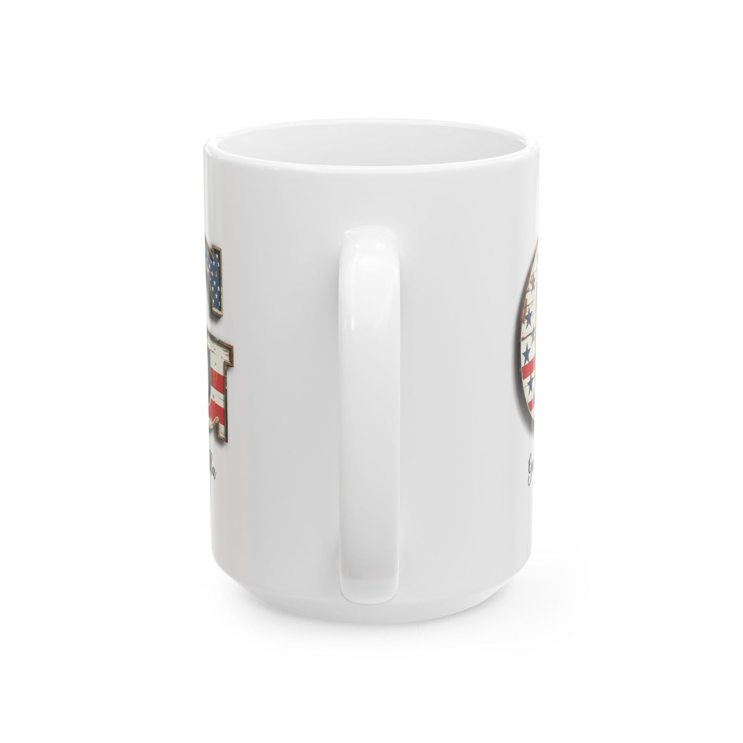 Mug - Patriotic American Flag Letter G with Kevin Name - Vintage Red, White, and Blue Design