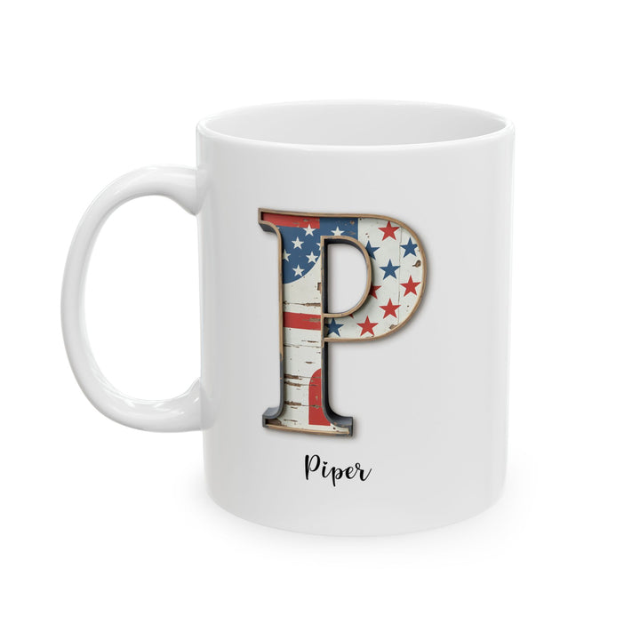 Mug - Patriotic American Flag Letter P with Kevin Name - Vintage Red, White, and Blue Design