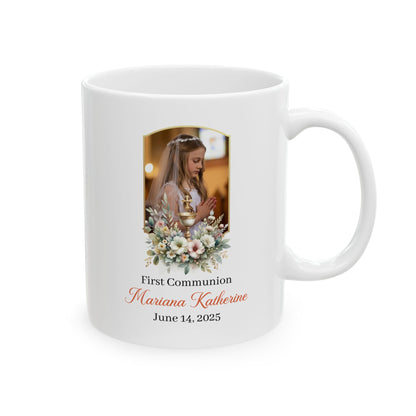 Custom First Communion Gift Mug for Girl – Personalized Keepsake with Name, Date & Photo – Floral Religious Gift for Catholic Celebration