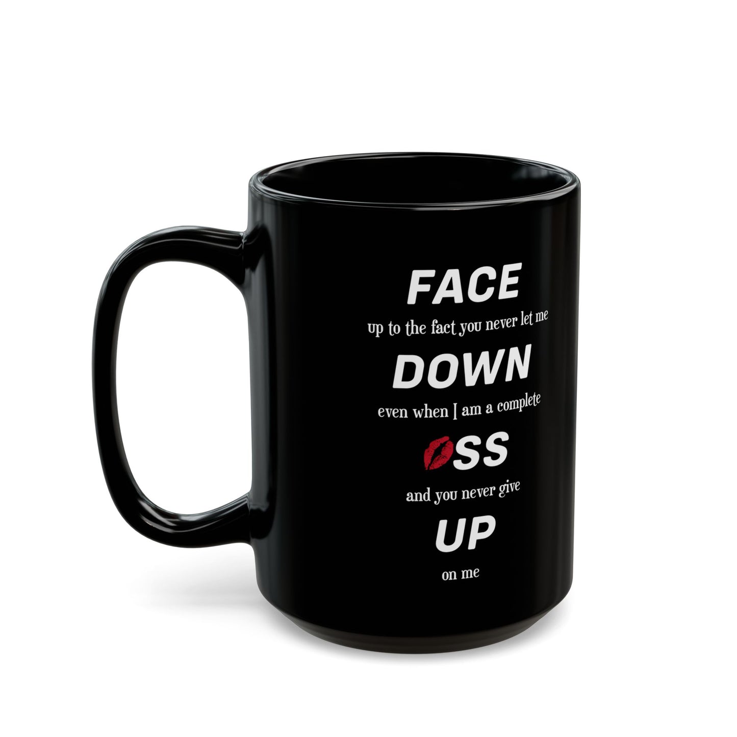 Funny Romantic Black Mug – Cheeky Coffee Cup with Kiss Emoji