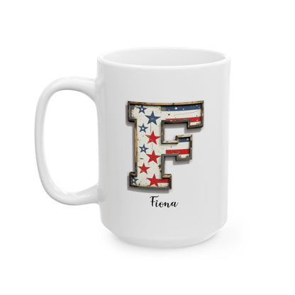 Mug - Patriotic American Flag Letter F with Kevin Name - Vintage Red, White, and Blue Design