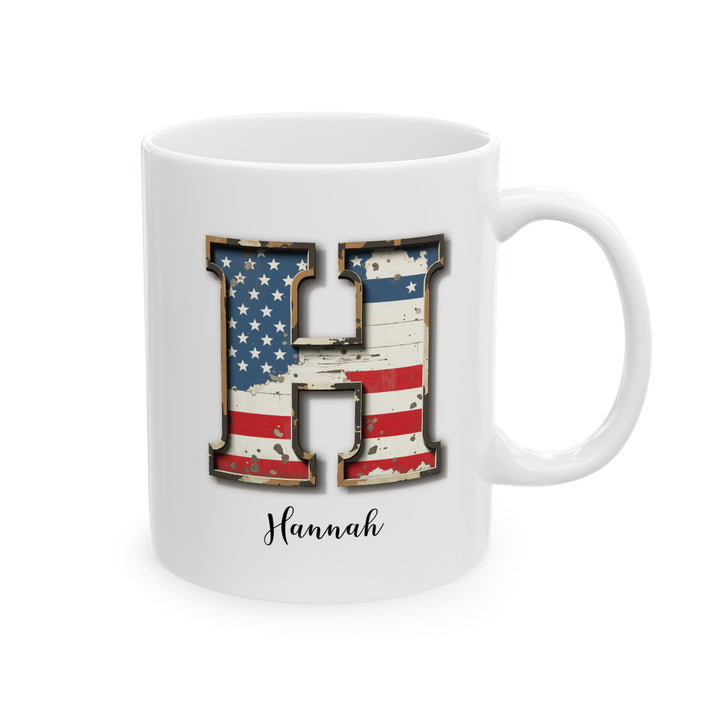 Mug - Patriotic American Flag Letter H with Kevin Name - Vintage Red, White, and Blue Design