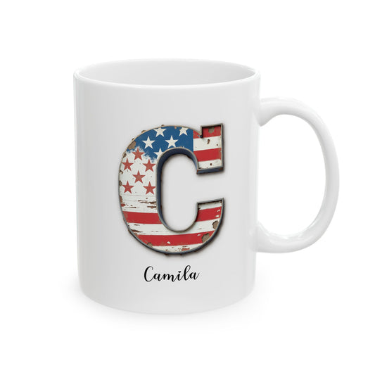 Mug - Patriotic American Flag Letter C with Kevin Name - Vintage Red, White, and Blue Design