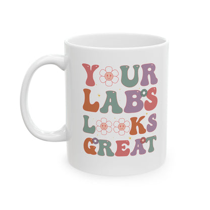 Funny White Coffee Cup for Lab Techs & Nurses – Retro Floral Medical Gift for Healthcare