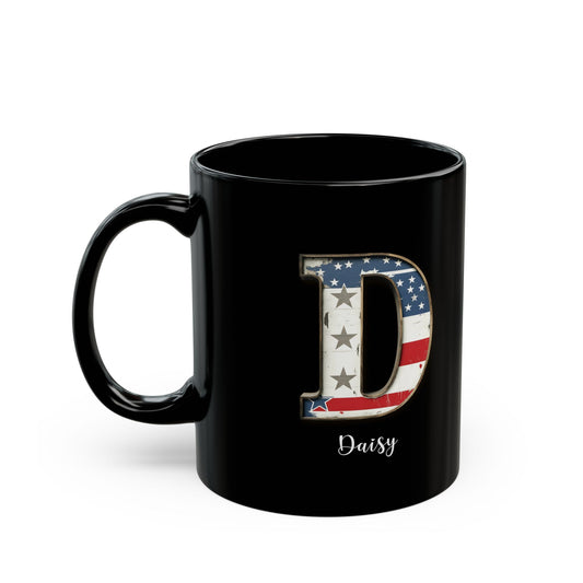 Mug - Patriotic American Flag Letter D with Kevin Name - Vintage Red, White, and Blue Design