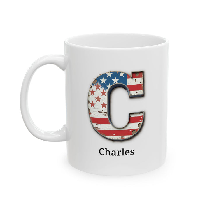 White Personalized USA Flag Initial Mug with Letter C and Charles Name Gift for Men, Veterans, Patriotic Coffee Lovers