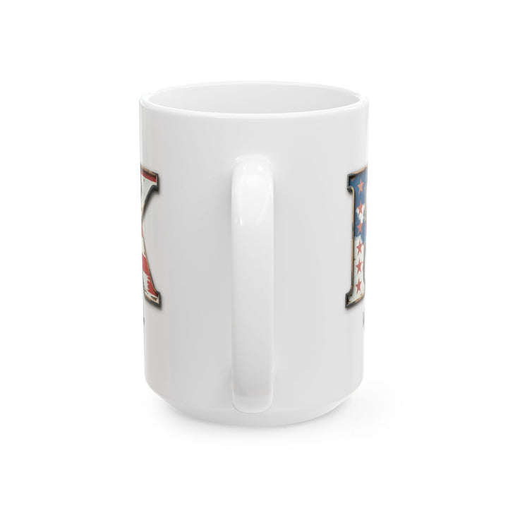 Mug - Patriotic American Flag Letter K with Kevin Name - Vintage Red, White, and Blue Design