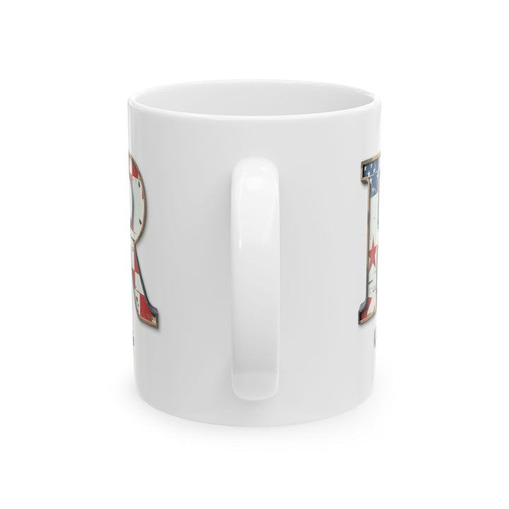 Mug - Patriotic American Flag Letter R with Kevin Name - Vintage Red, White, and Blue Design