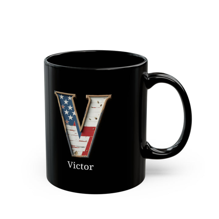 Personalized Black American Flag Mug with Letter V and Name Victor Custom Patriotic Coffee Cup Gift for Men Veterans or USA Lovers