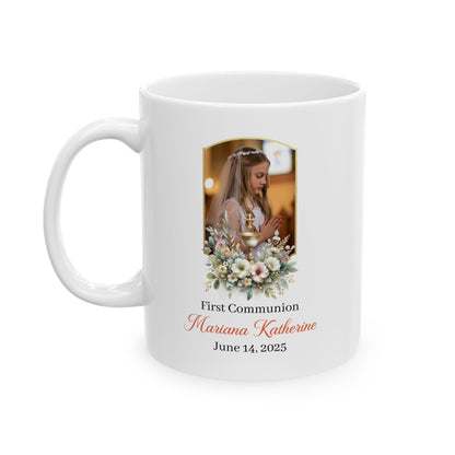 Custom First Communion Gift Mug for Girl – Personalized Keepsake with Name, Date & Photo – Floral Religious Gift for Catholic Celebration