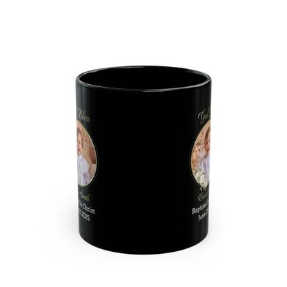 Black Personalized Baptism Mug for Boy – Custom Photo and Name Keepsake Gift – God Bless Evan Smith – Christian Baby Baptized in Christ 2025