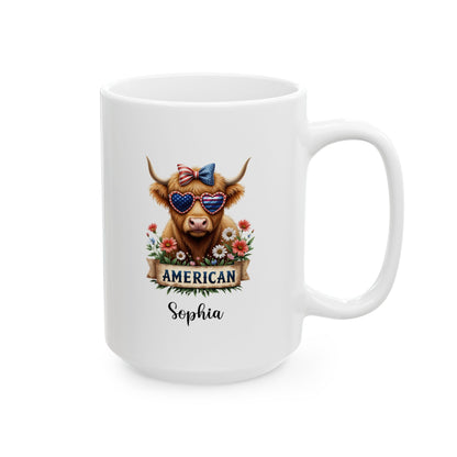 Custom Patriotic Highland Cow Mug – Personalized 4th of July Gift