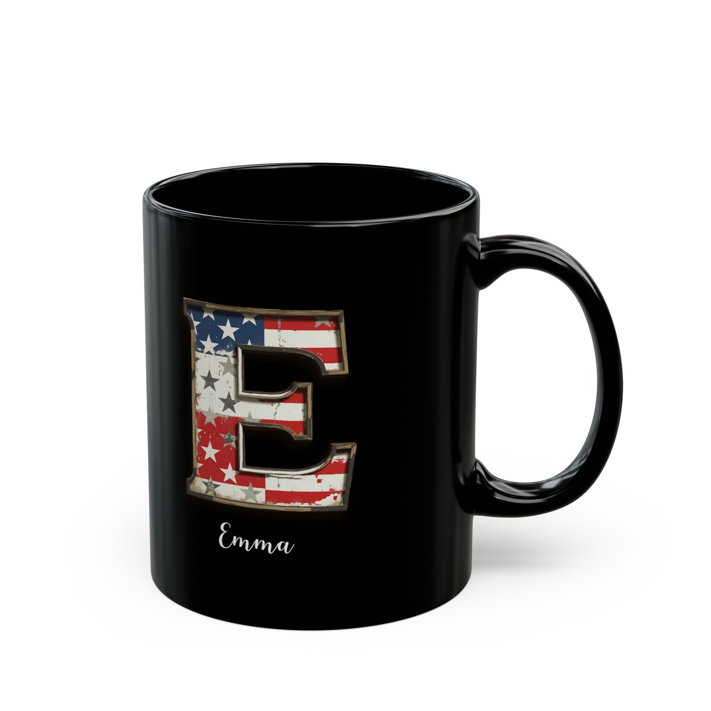 Mug - Patriotic American Flag Letter E with Kevin Name - Vintage Red, White, and Blue Design