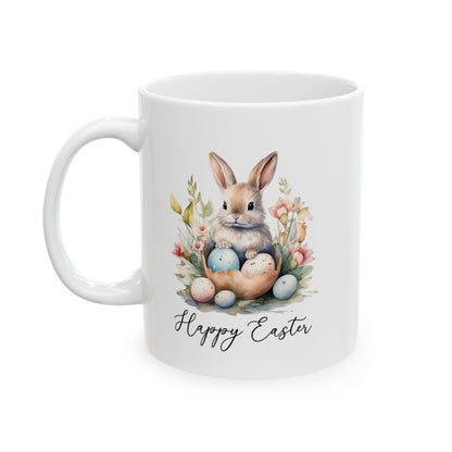 Happy Easter Bunny Mug – Watercolor Rabbit with Eggs and Flowers