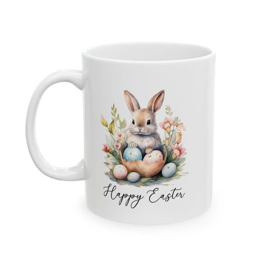 Happy Easter Bunny Mug – Watercolor Rabbit with Eggs and Flowers