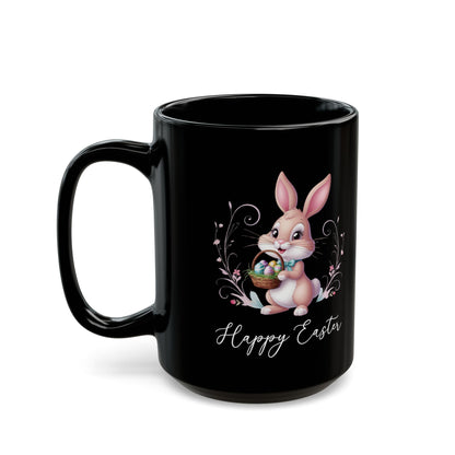 Happy Easter Bunny Mug – Black Coffee Cup with Cute Egg Basket Bunny