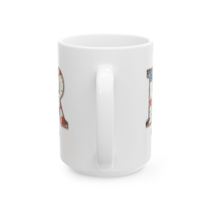 Mug - Patriotic American Flag Letter R with Kevin Name - Vintage Red, White, and Blue Design