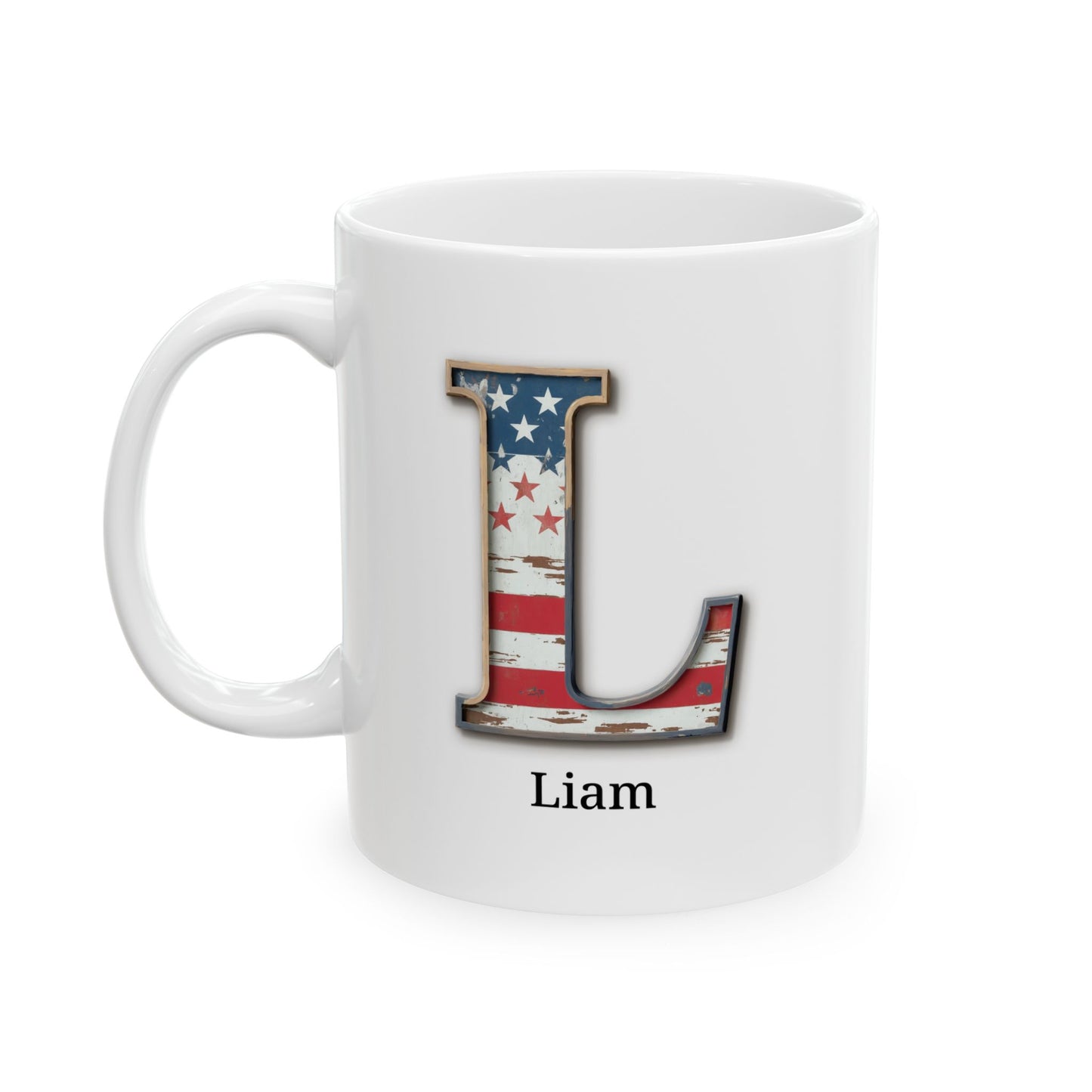 White American Flag Mug with Letter L and Name Liam Personalized Patriotic Coffee Cup Gift for Veterans Military or Proud USA Supporters